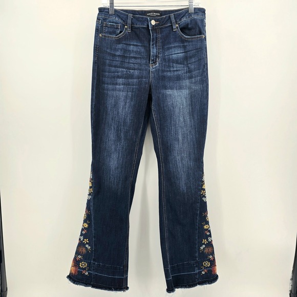 Ashley Mason Denim - Ashley Mason Womens Flare Jeans Floral Embroidered Raw Hem Dark Wash 13/31